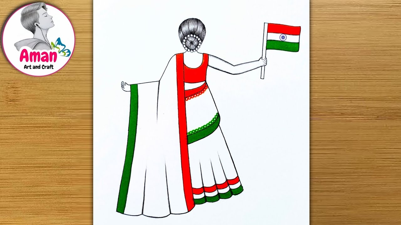 Beautiful Girl Drawing for Independence Day | 15 August Special Art | Indian Flag Dress Drawing