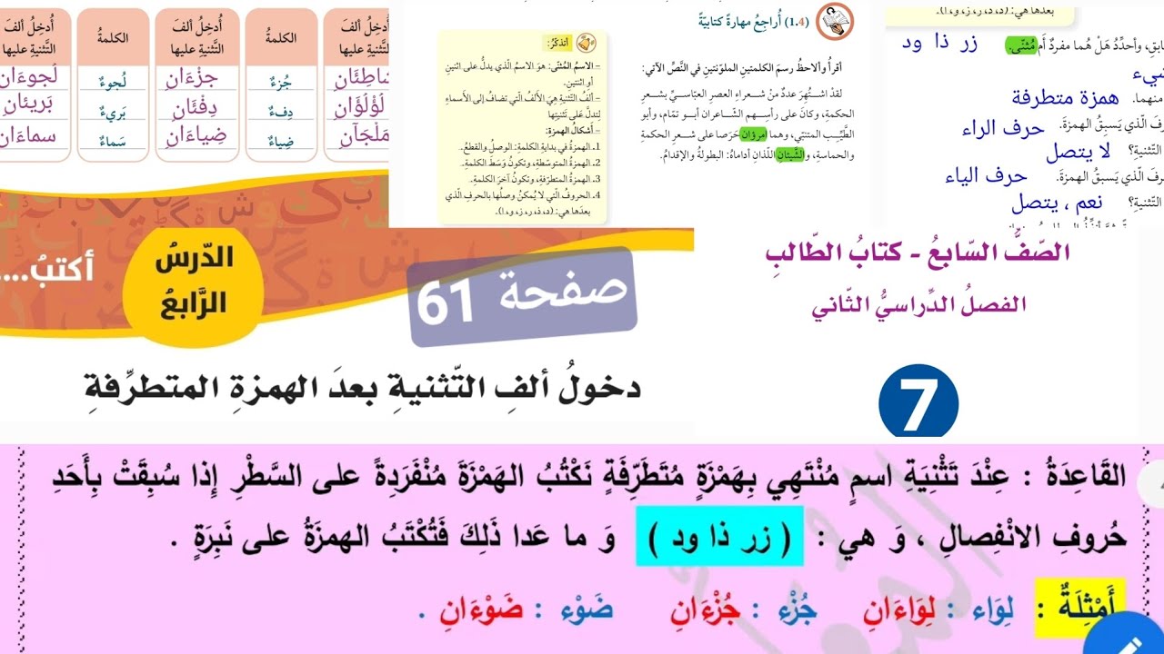 إجابات درس دخول ألف التثنية بعد الهمزة المتطرفة الصف السابع شرح الدرس صفحة 61 المنهاج الأردني الجديد