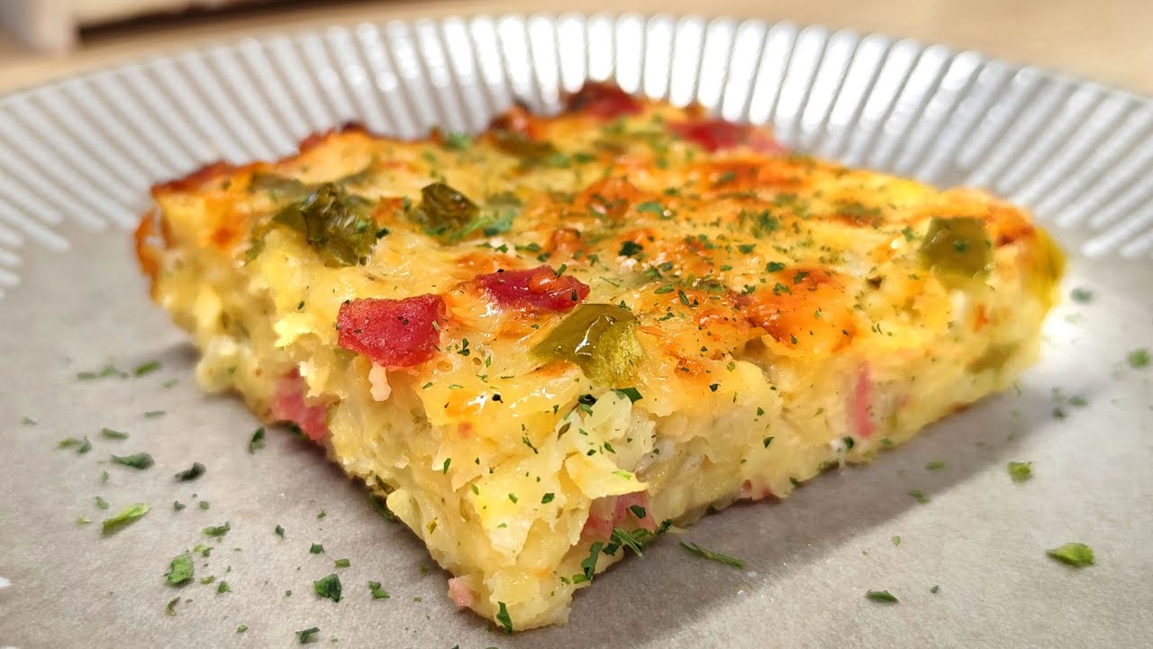 ΕΥΚΟΛΗ ΠΑΤΑΤΟΠΙΤΑ ΧΩΡΙΣ ΦΥΛΛΟ, χωρίς Κόπο! 👌💯 Με Ζαμπόν, τυρί και Πιπεριά!