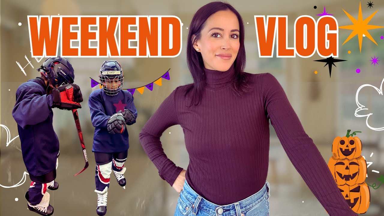 WEEKEND VLOG 💙|  Son premier cours de Hockey 🏒 , Unboxing Halara, Déco Halloween & Courses !