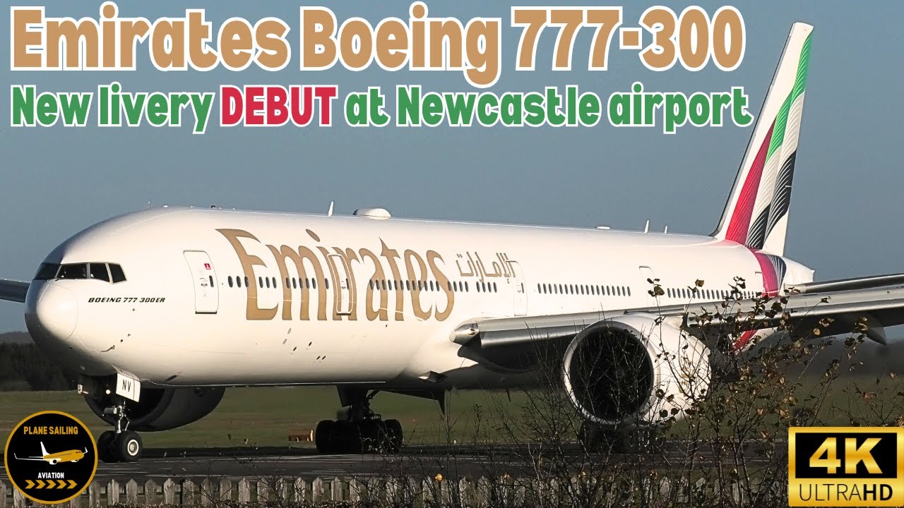 Emirates 777 in NEW livery finally DEBUTS at Newcastle International airport & pops a great WHEELIE
