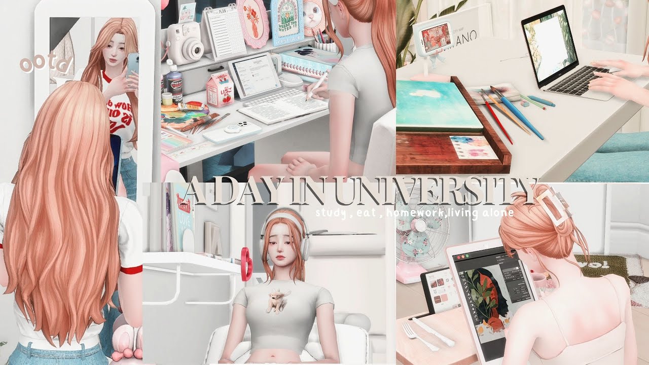[Sims 4 vlog] sims demi ッ🎨♡‧₊˚\ a day in foxbury university , living alone , study , sketch 📓✍🏻