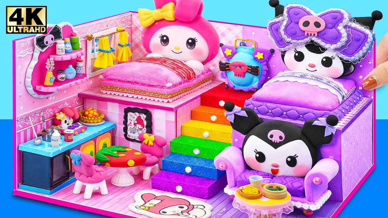 Build Pink House with Twin Bedroom for Kuromi, My Melody from Clay ❤️ DIY Miniature House