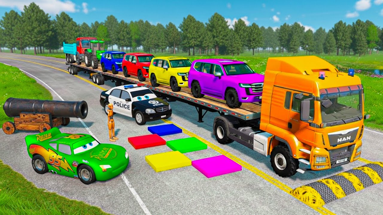 Triple Flatbed Trailer McQueen Transportation with Truck - Speedbumps vs Cars vs Train - BeamNG #4