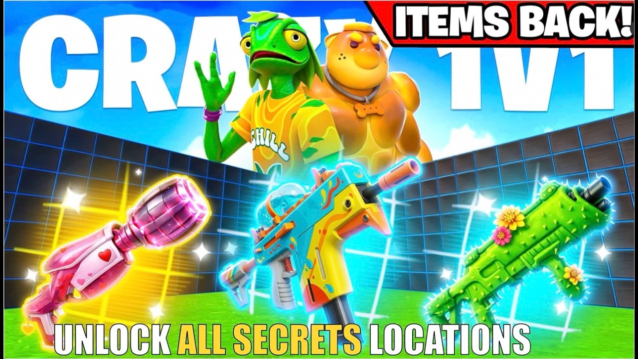 CRAZY 1V1 FFA ALL GUNS & RIDES MAP FORTNITE CREATIVE (PART 53) - FIND ALL NEW SECRETS LOCATIONS