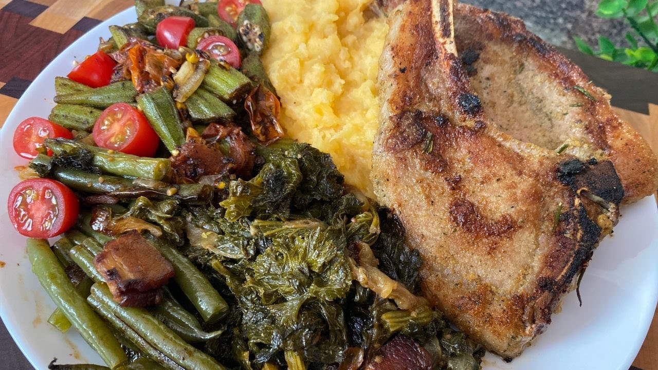 Healthy Soul Food! PORK CHOPS|  MUSTARD GREENS| OKRA, CORN & TOMATOES | MASHED POTATOES & RUTABAGA