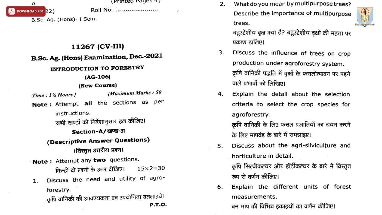 BSC 1ST SEM AG INTRODUCTION TO FORESTRY CV DEC 2021 | CCSU