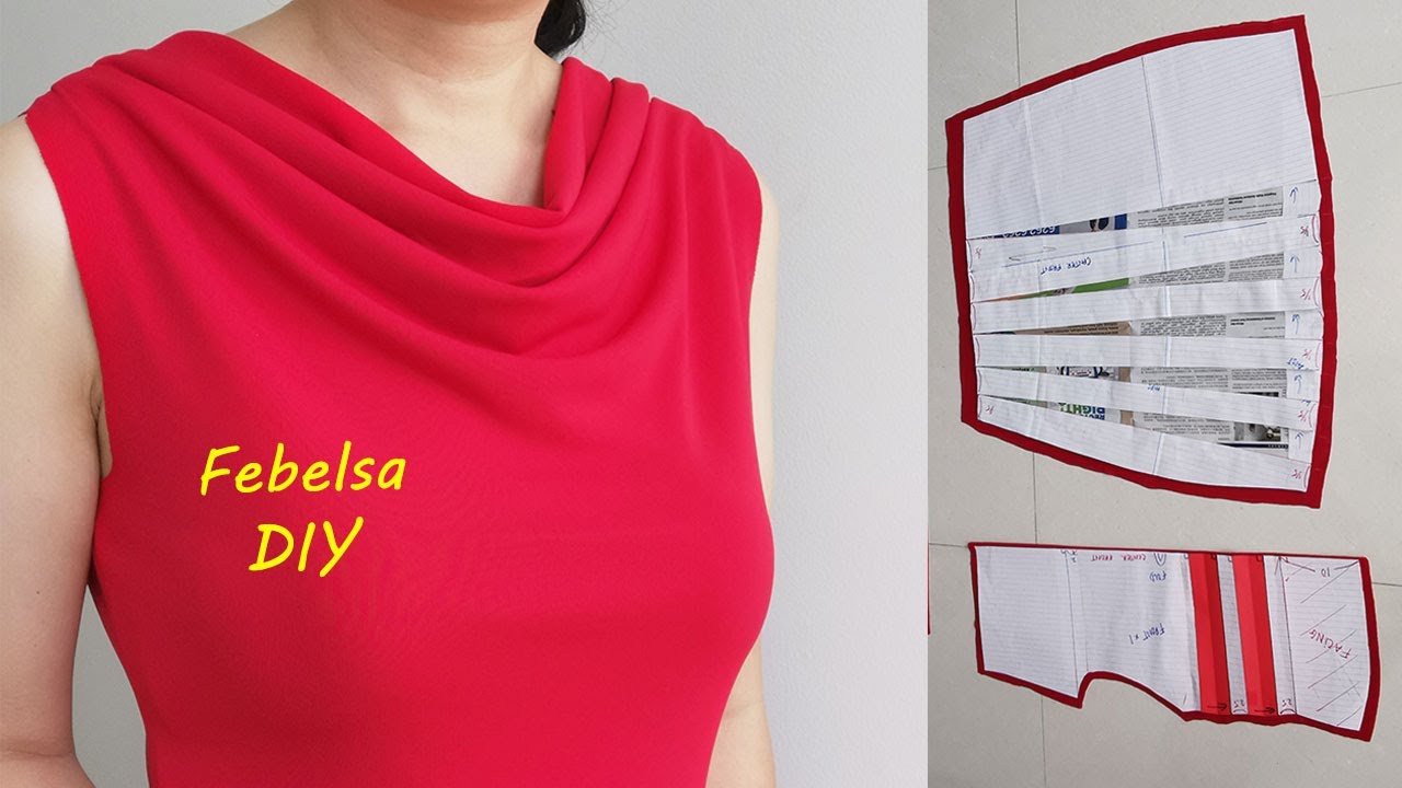 V088 How to make pleated cowl neck with asymmetrical pleats skirt