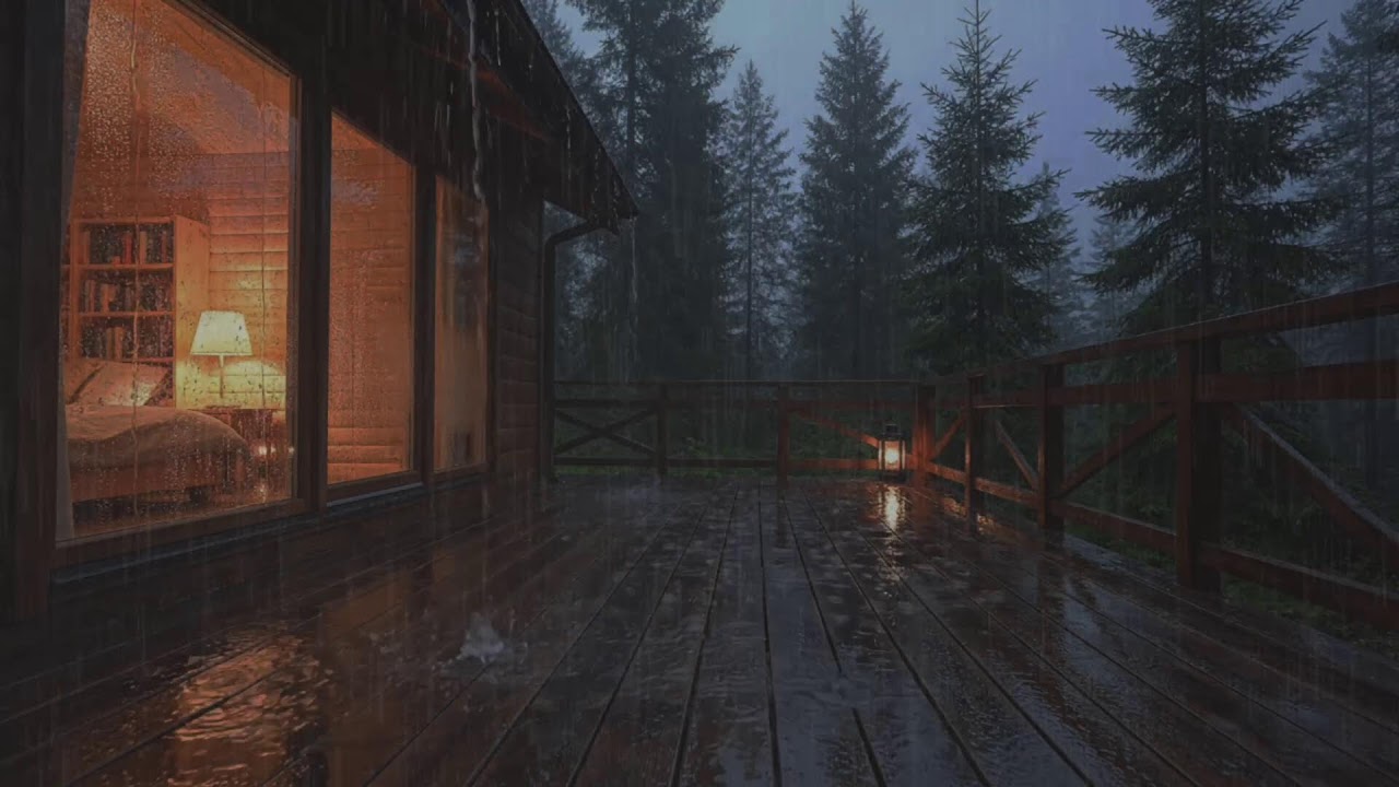 Natural rain at a forest cabin retreat, evening rain ambience promoting sleep balance over insomnia