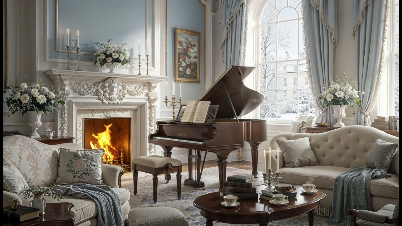 Bridgerton Drawing Room Ambience with Fireplace & Snowfall | Regency Era Winter Sounds