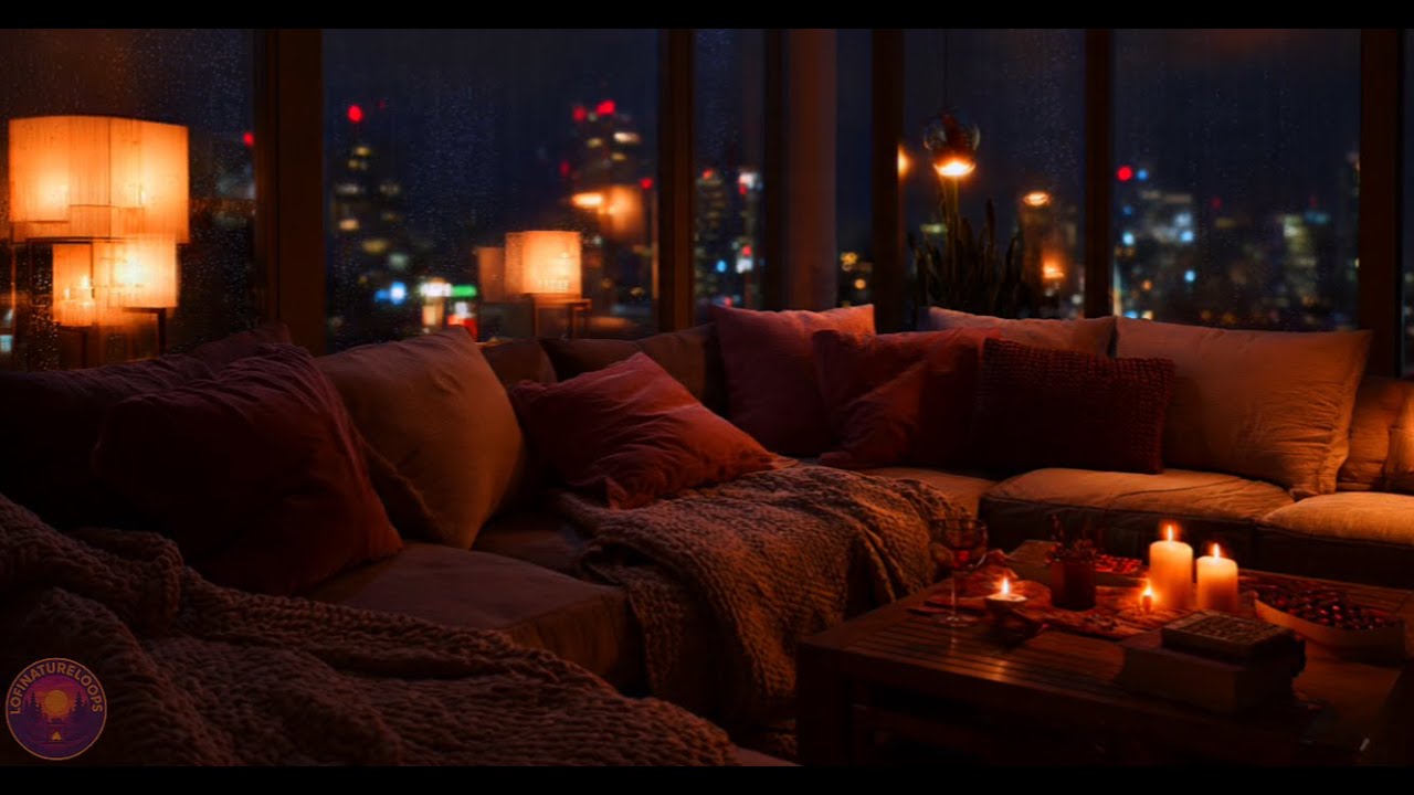 Cozy Rainy City Night 🌧️ Candlelit Living Room Ambience for Sleep, Calm & Relaxation