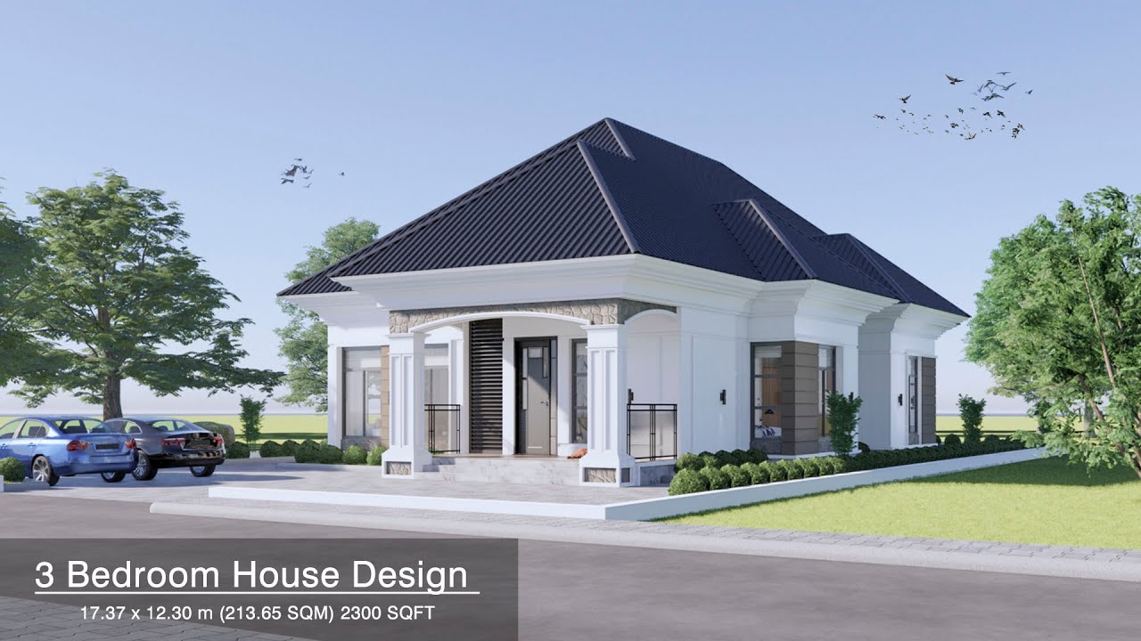 Bungalow House Design with 3 bedrooms (17.4x12.3 Meters)