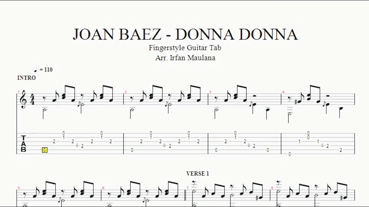JOAN BAEZ - DONNA DONNA Fingerstyle Guitar Tab