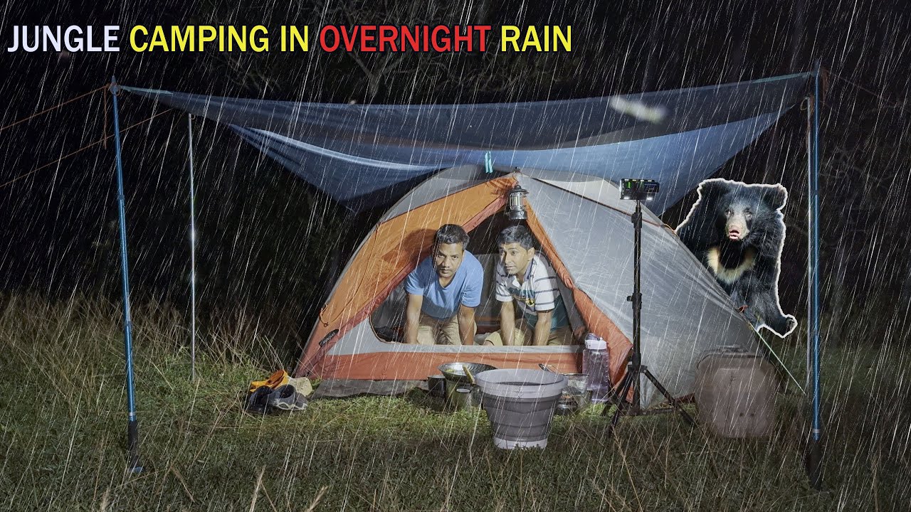 Overnight Camping In Rain At Jungle 🌧️ Cozy Tent Under Tarp Shelter ⛺ Camping Video