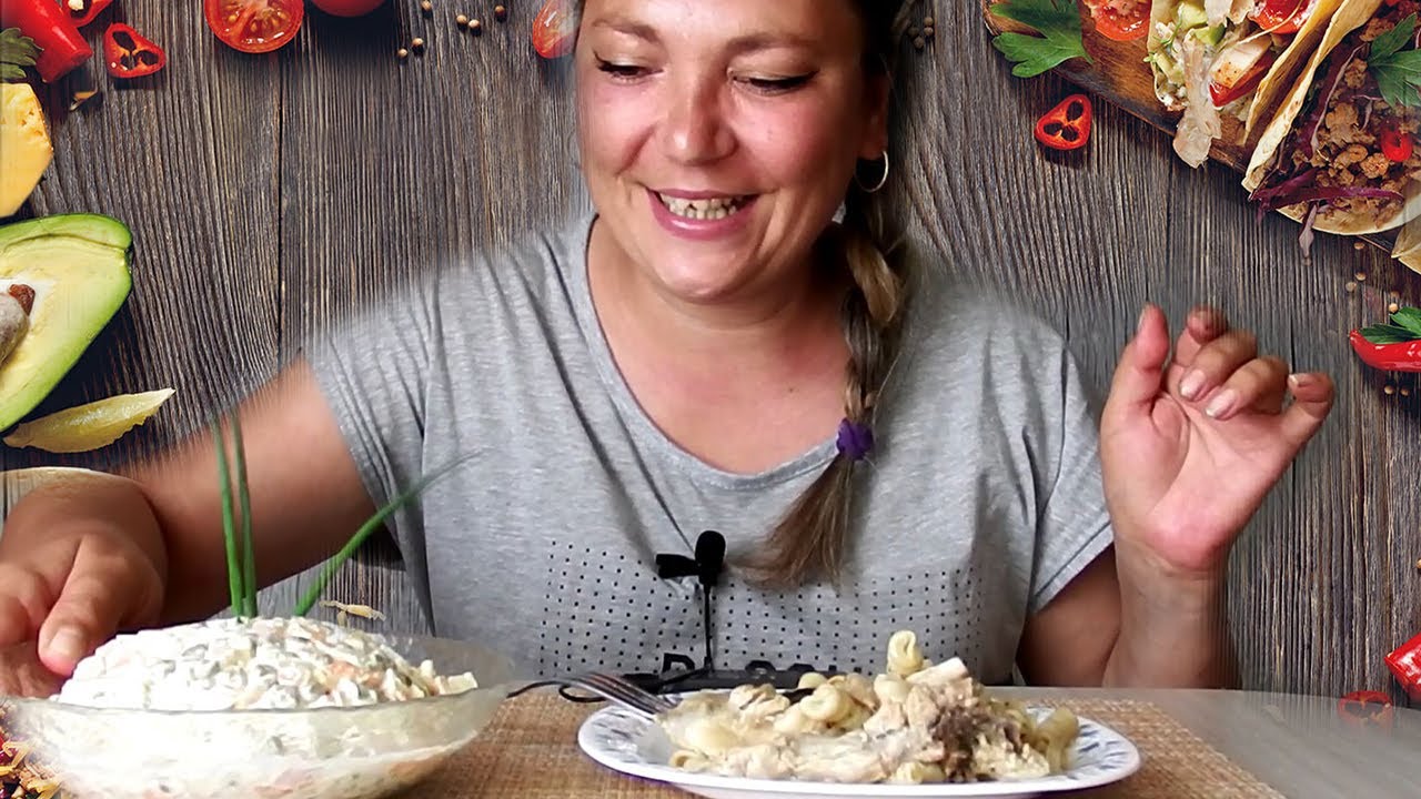 Mukbang. Салат оливье + тушеные рожки с курицей. А