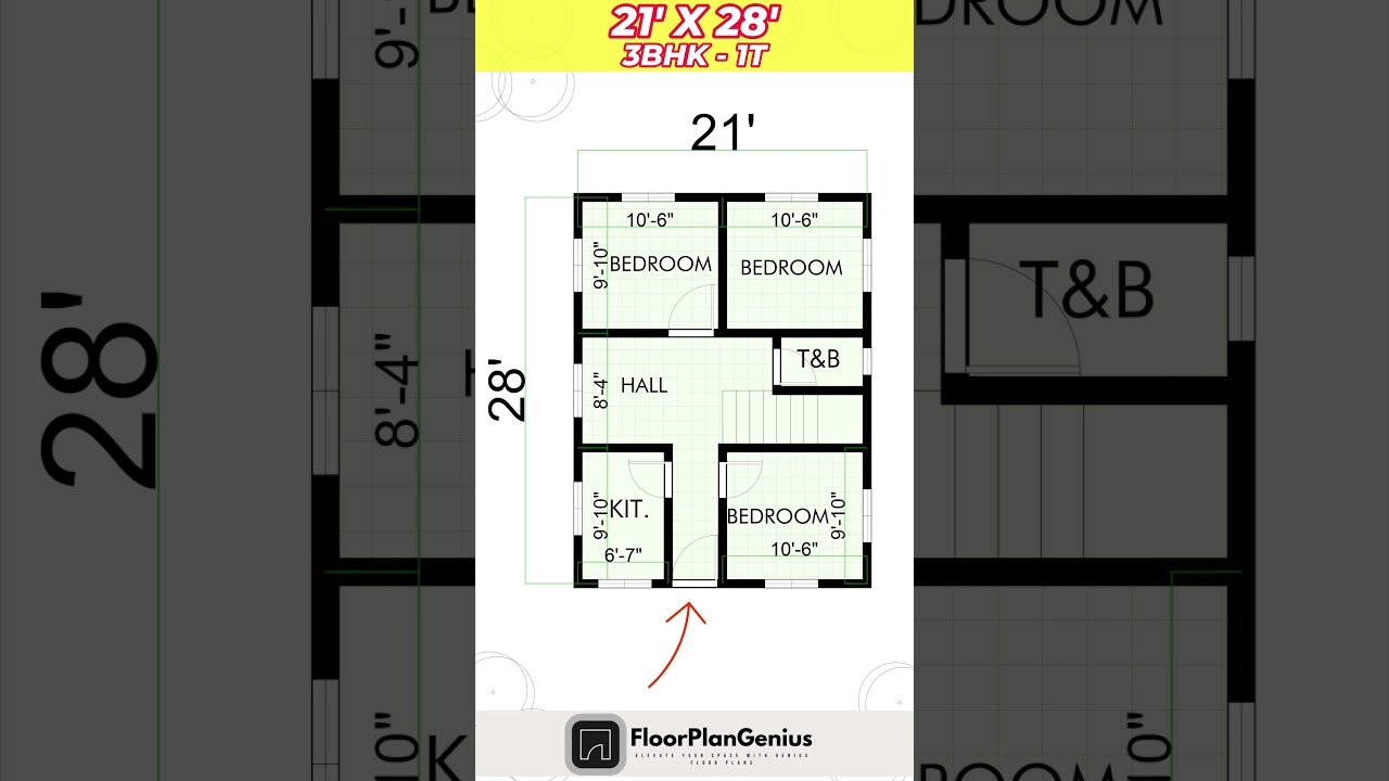 21' by 28' House Plan Map, 21 x 28, 21*29 3 Bedroom Design #houseplan #shorts