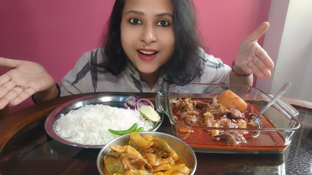 Eating show||mutton kosha, Rice 🍚🍚, prawn 🦐 Vegetable curry,kochu chingri tarkari||Mukbang