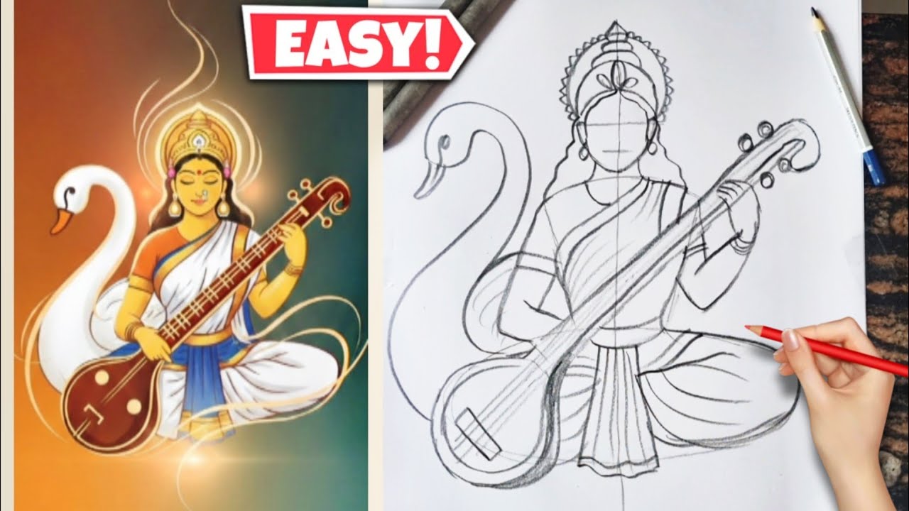 Saraswati Devi Drawing | Saraswati Puja drawing | Vasant Panchmi Drawing