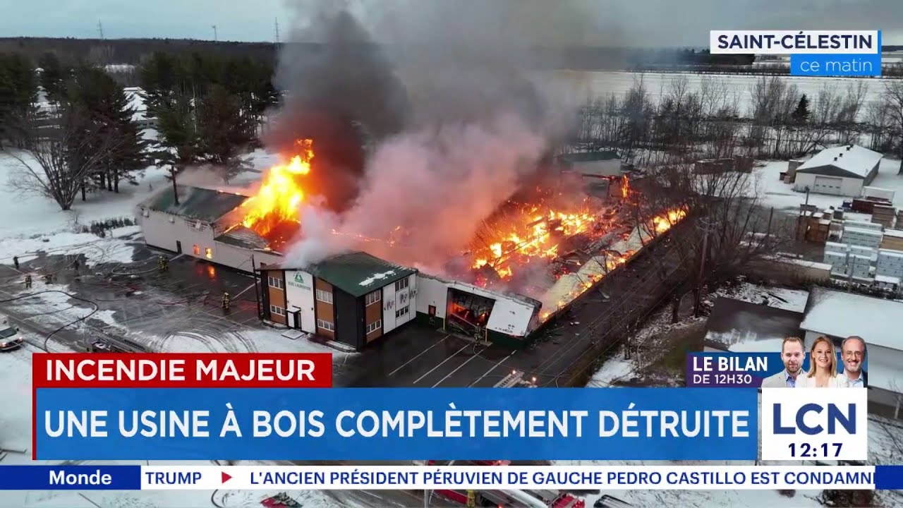 Incendie à Saint-Célestin: une usine de produits de bois part en fumée