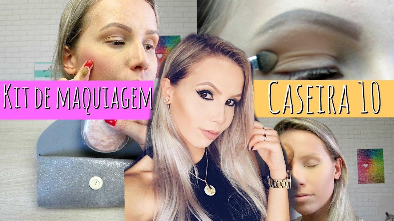 KIT DE MAQUIAGEM CASEIRA 10 - Blush Líquido, pó compacto, sombra marrom, necessaire