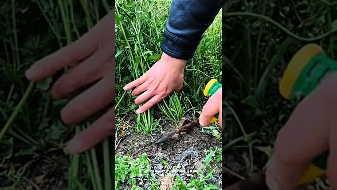Harvesting leafy greens: digging up and pulling out fresh vegetables from garden with small shovel