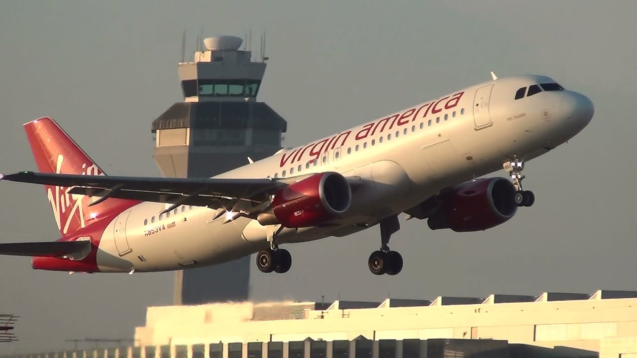 Virgin America (mt. hoodie) N853VA A320 Takeoff Portland Airport (PDX)