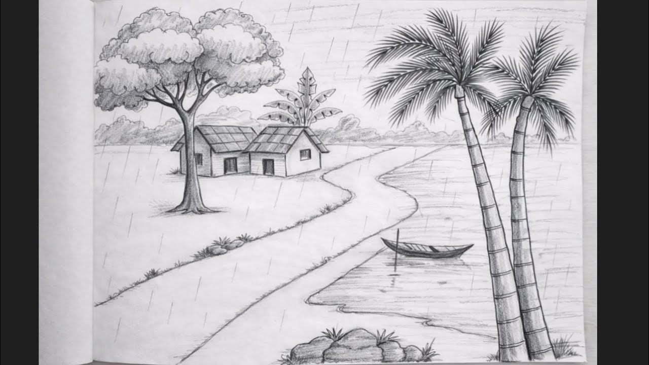 How to Draw Rainy Season Scenery with Pencil | Easy Pencil Sketch Step by Step||
