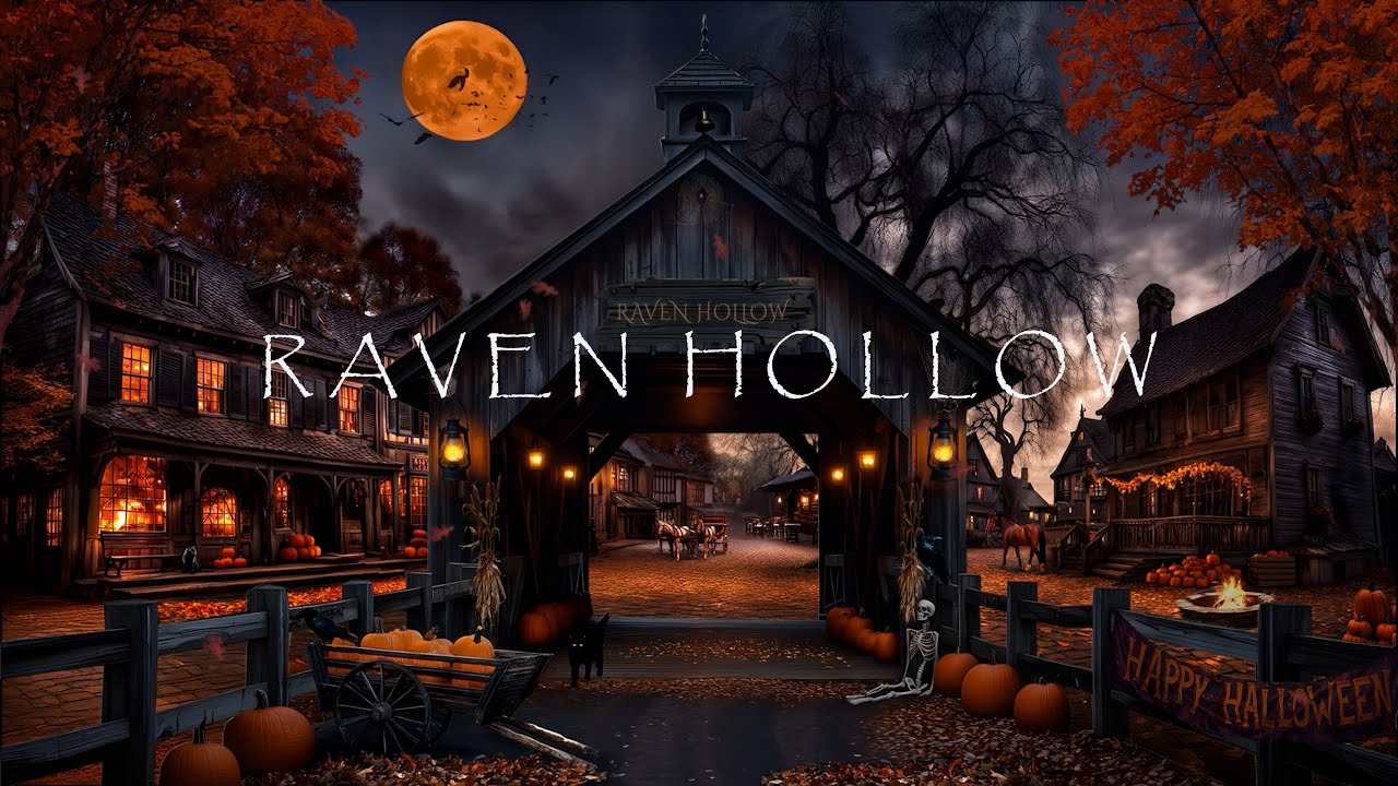 🕯️RAVEN HOLLOW-OLD SALEM TOWN🍁HALLOWEEN NIGHT AMBIENCE🎃FLYING BATS🦇CRACKLING BONFIRE🔥HARVEST MOON🌙