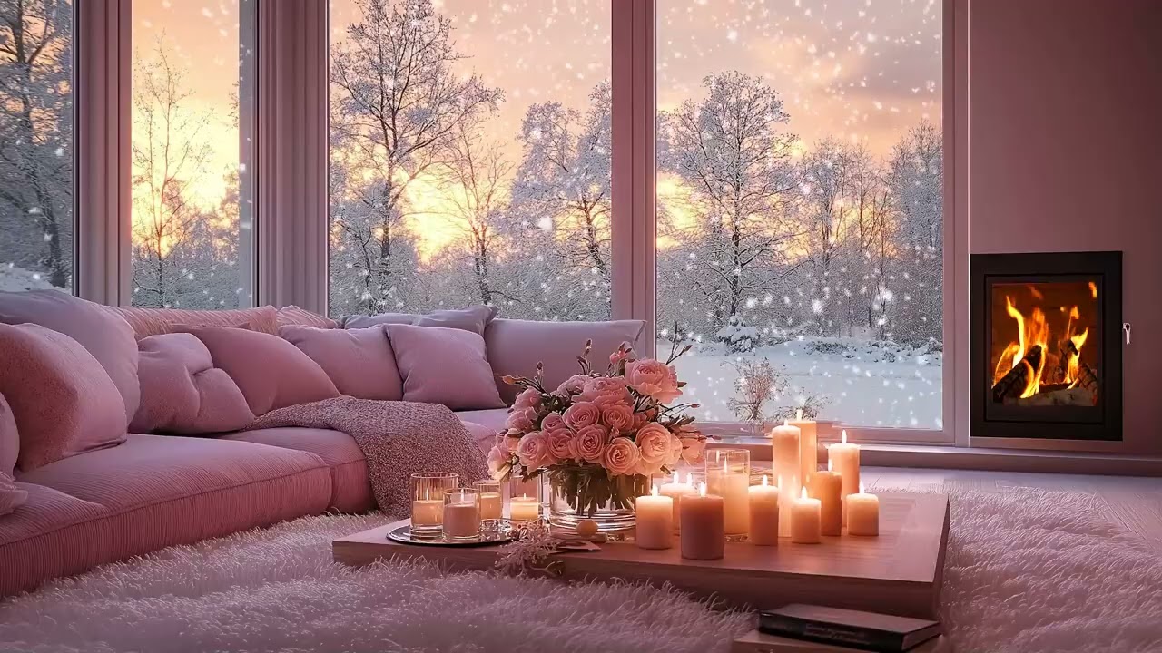 Winter Living Room Ambience with Gentle Snowfall, Glowing Fireplace & Romantic Candlelight Vibes