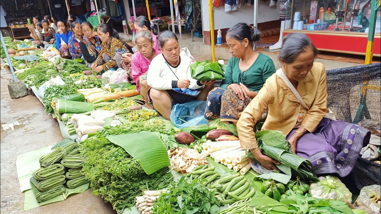 ตลาดบ้านน้ำท่วม เมืองน้ำบาก แขวงหลวงพระบาง สปป.ลาว ของป่าอาหารแปลกหลายคัก