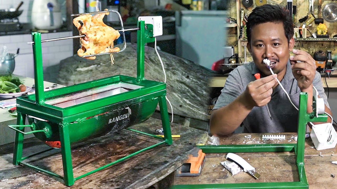 Create BBQ Machine(คลิปเต็ม) เตาย่างไก่หมุนจากถังน้ำยาแอร์ mini Rotating grilled chicken