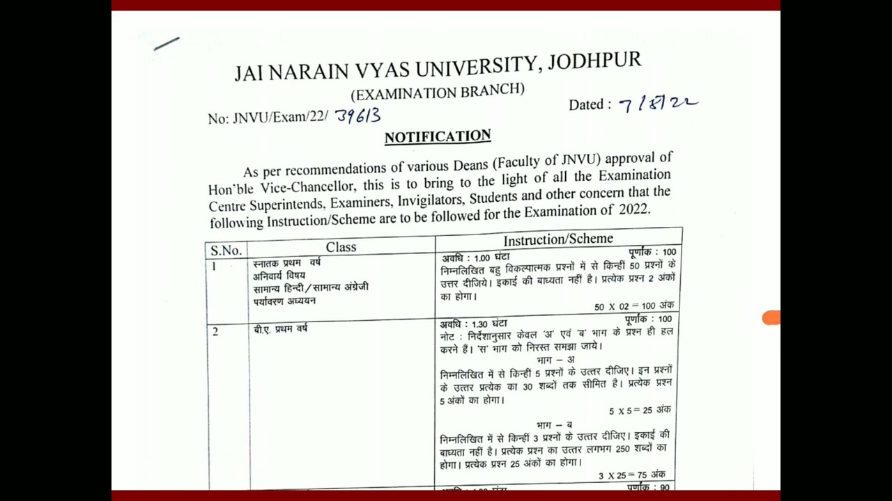 Exam Scheme 2021-22 l Jay Narayan Vyas University Jodhpur l Main Exam 2022 I Exam pattern l