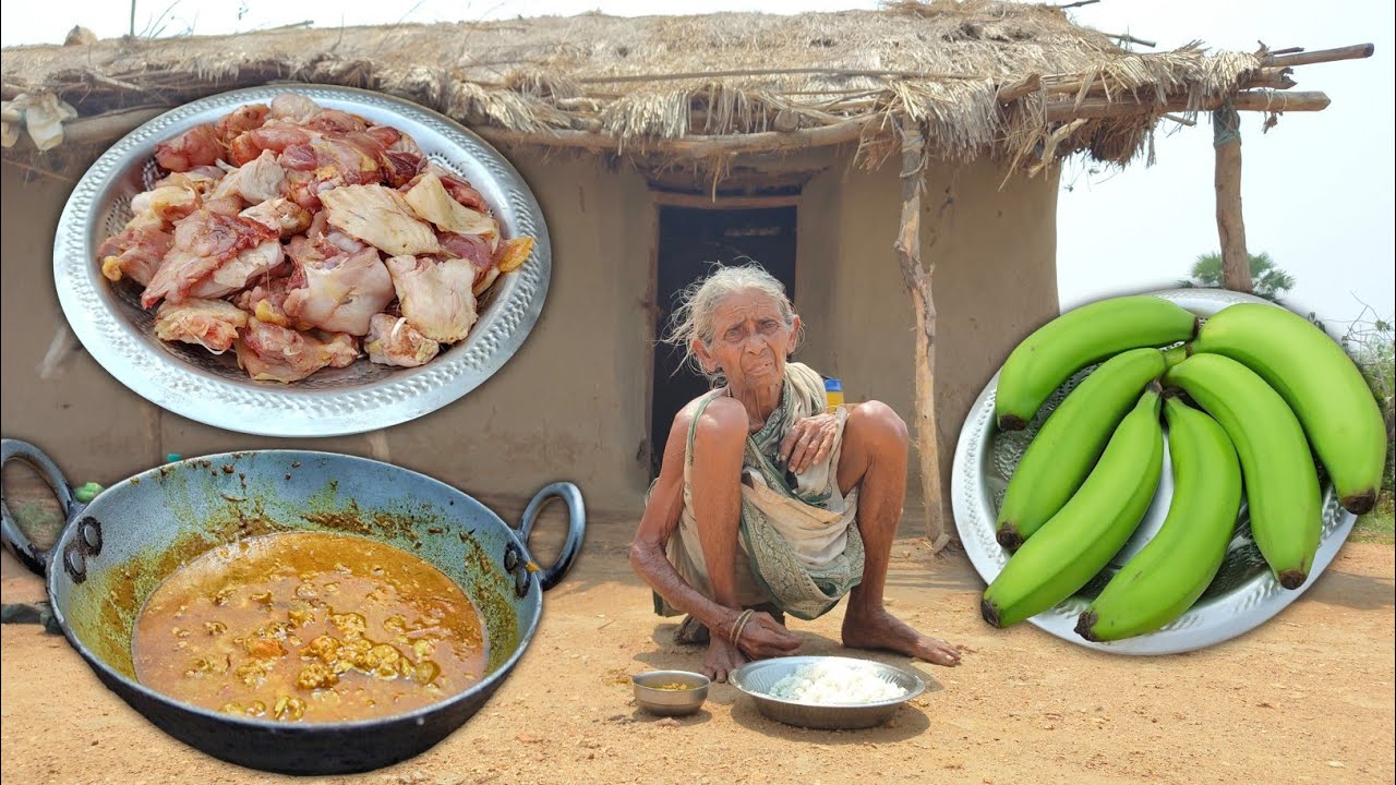 DESI MURGA MEAT Curry With Banana recipe cooking & eating by poor old grandma || Village kitchen