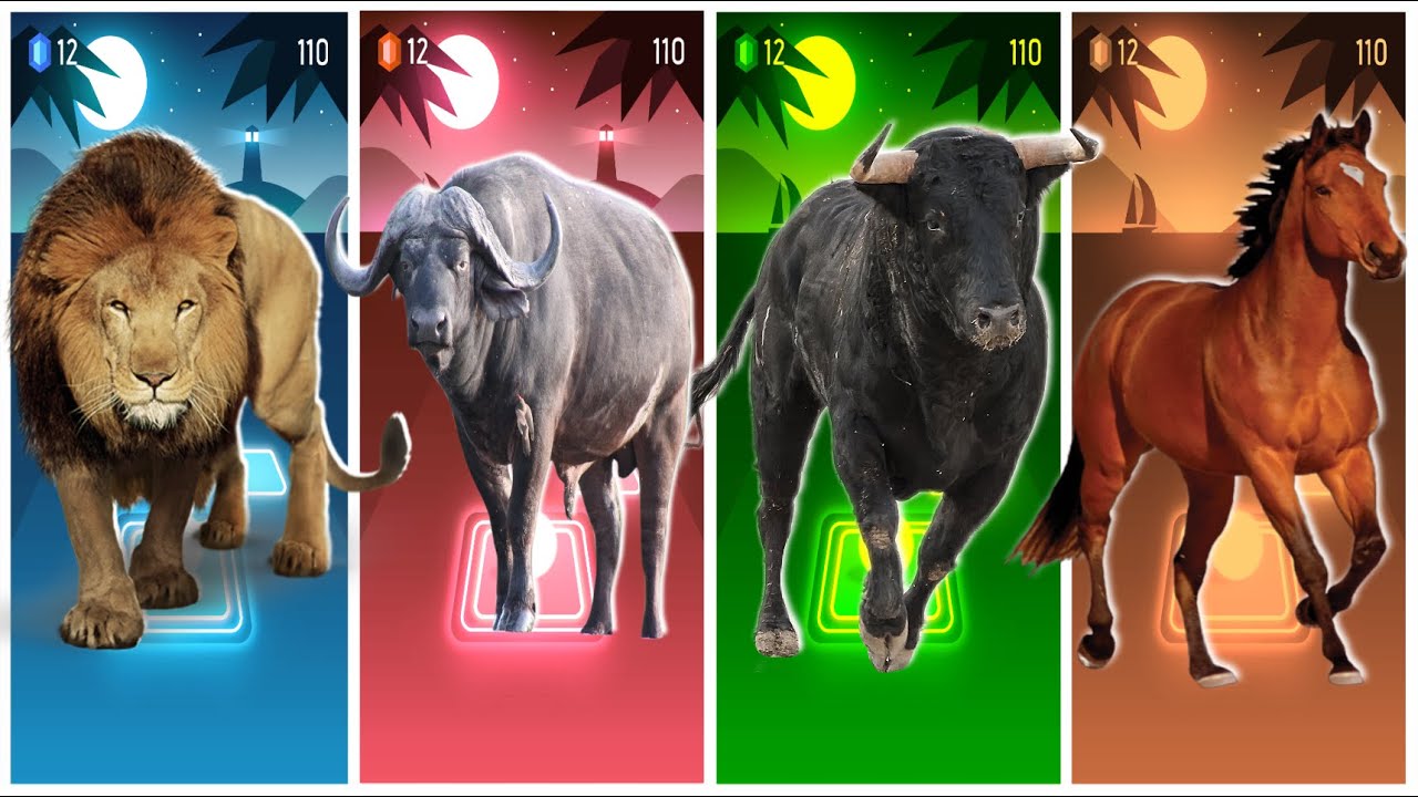 Funny Lion🦁🆚Funny Bison🦬🆚Funny Bull🐃🆚Funny Horse🐎🔴Tiles Hop EDM Rush #rhythmgame #tileshopedmrush