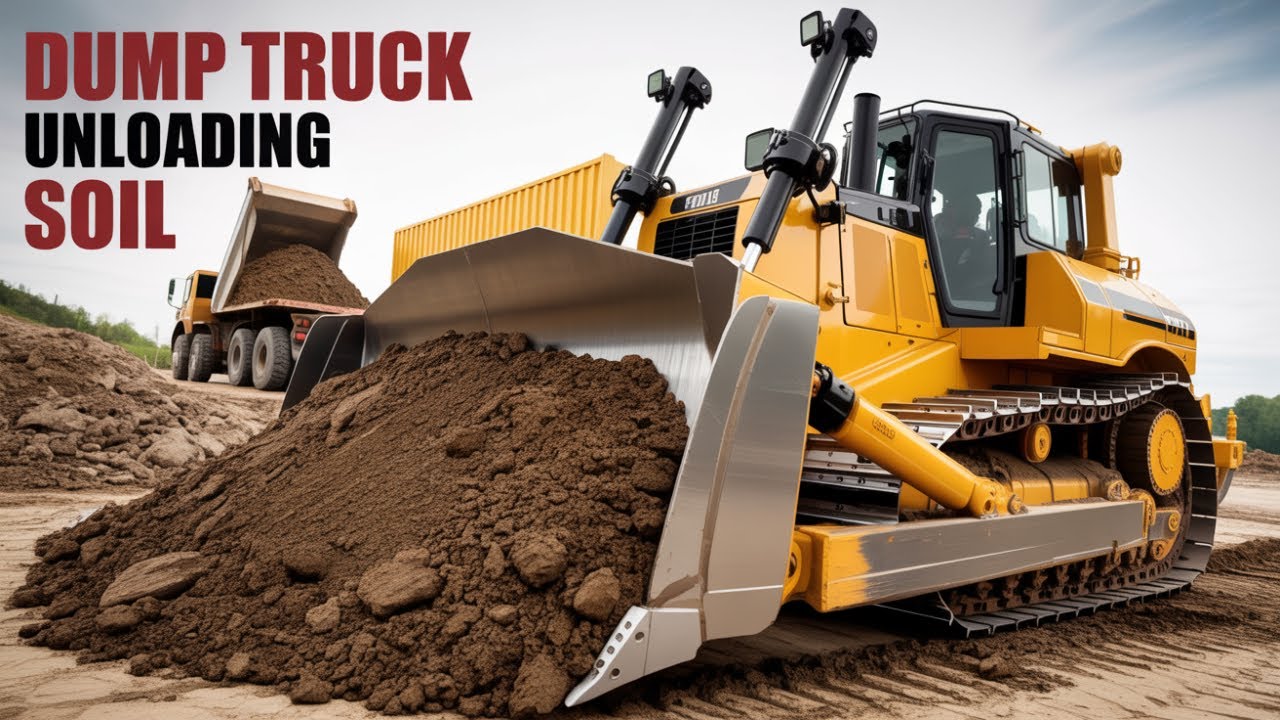 Amazing Dump Truck Unloading Soil And Powerful Bulldozer Pushing Dirt Filling  Road EP155
