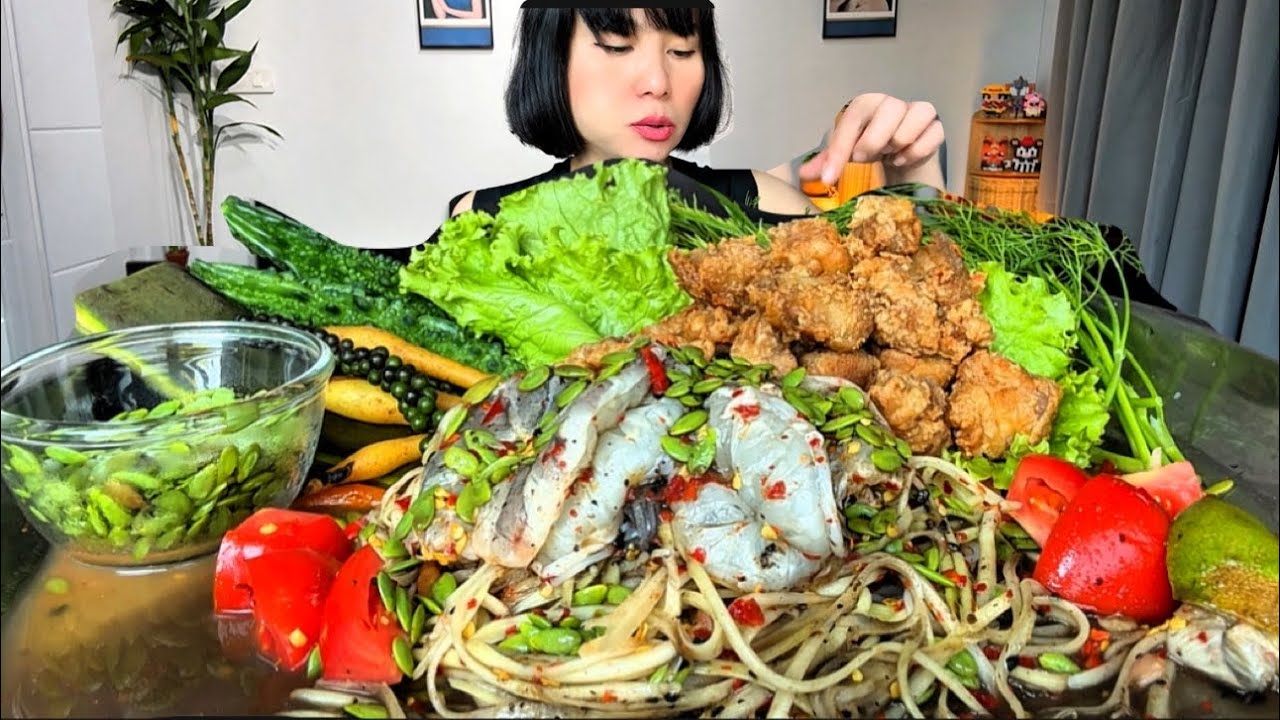 Thaifood ASMR ตำซั่วกุ้งสดเผ็ดๆกินกับสามชั้นทอดกรอบ ทั้งเผ็ดทั้งอร่อย Tam Sua  MUKBANG show 