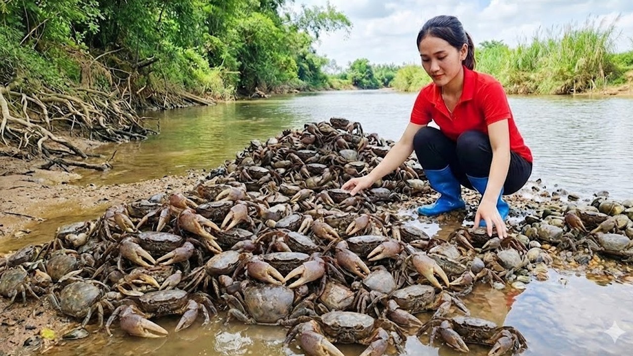 The girl found many crabs by the riverbank and so she caught them and sold them at the market
