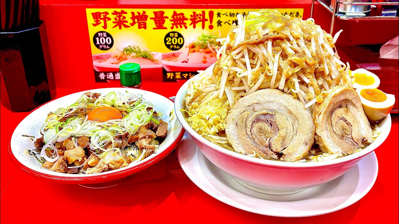 【愛知デカ盛り】大二郎ニンニクあり野菜メガマウンテン爆マシ背脂味玉トッピング・炙りチャーシュー丼/これだ!!製麺一宮インター店【愛知県一宮市島崎】