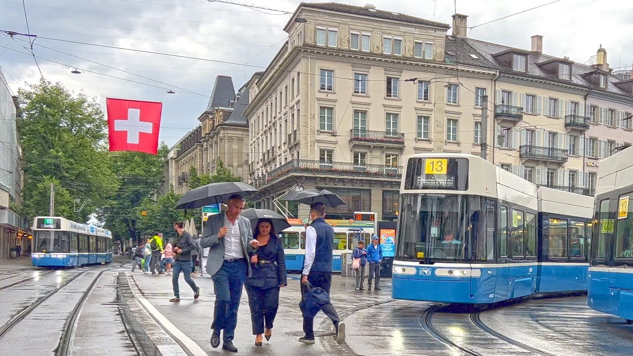 Zurich Walk Heavy Rain 🌧 ☔️  Beautiful Swiss 4K Walking Tour Summer 🇨🇭 Switzerland
