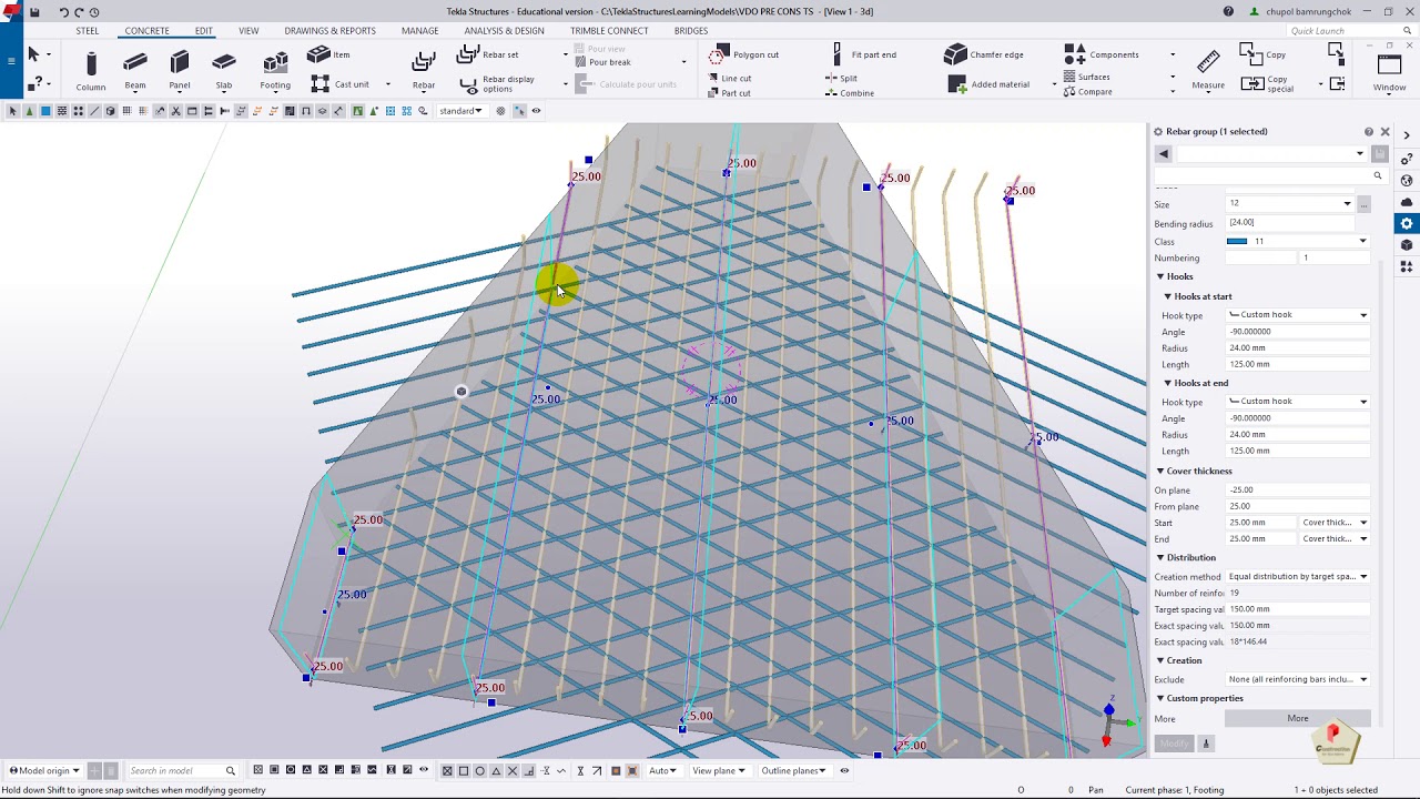 การใส่เหล็กเสริมในฐานสามเหลี่ยมของ Tekla Structure