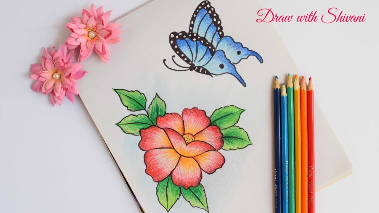 How to draw Butterfly with Flower using Pencil Colors/ Easy Pencil Shading Drawings