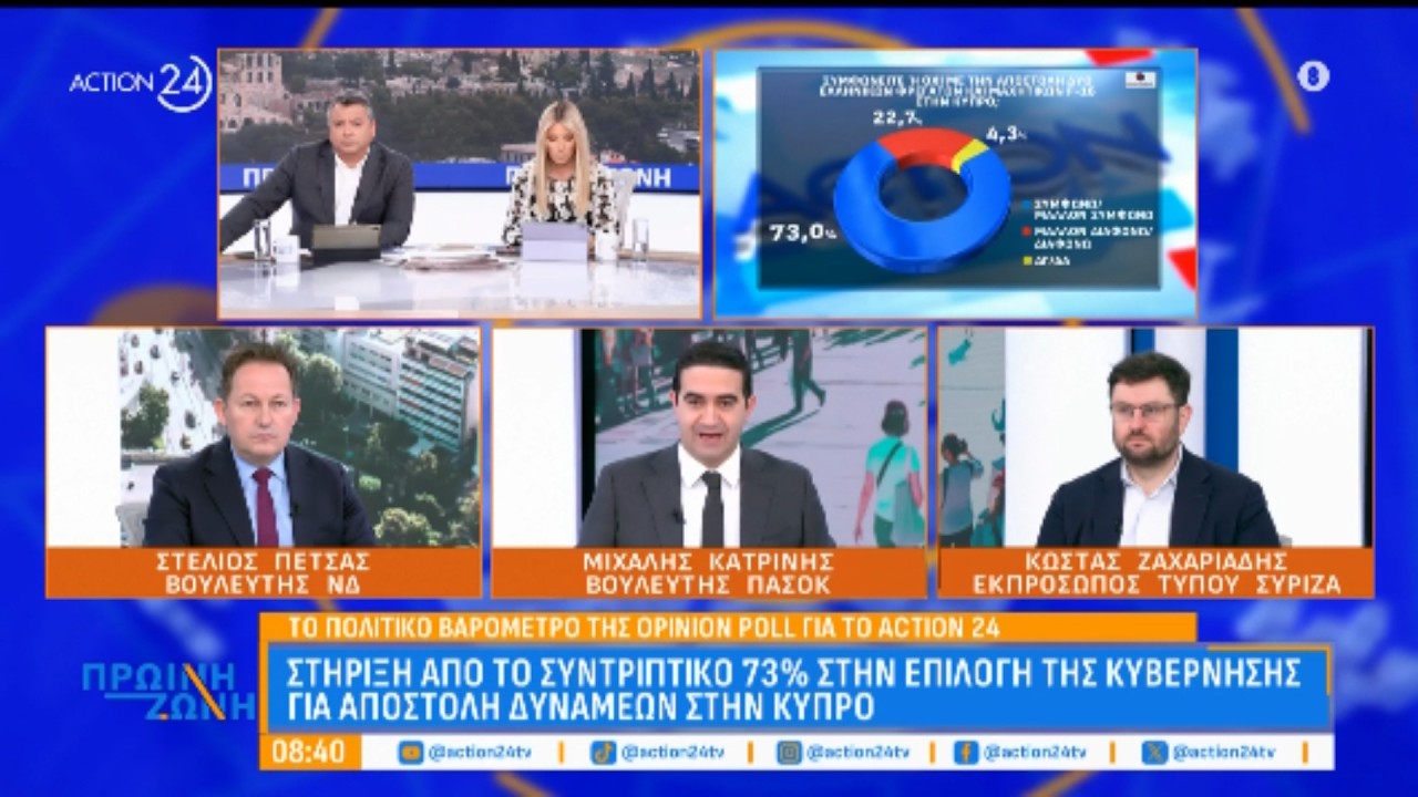 Πολιτική κόντρα Σ. Πέτσα, Μ. Κατρίνη & Κ. Ζαχαριάδη με φόντο τη δημοσκόπηση του ACTION 24