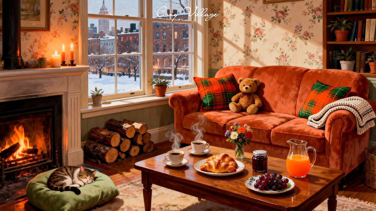 Nostalgic snowy 1940s morning | Vintage oldies playing in another room for study, sleep & unwind