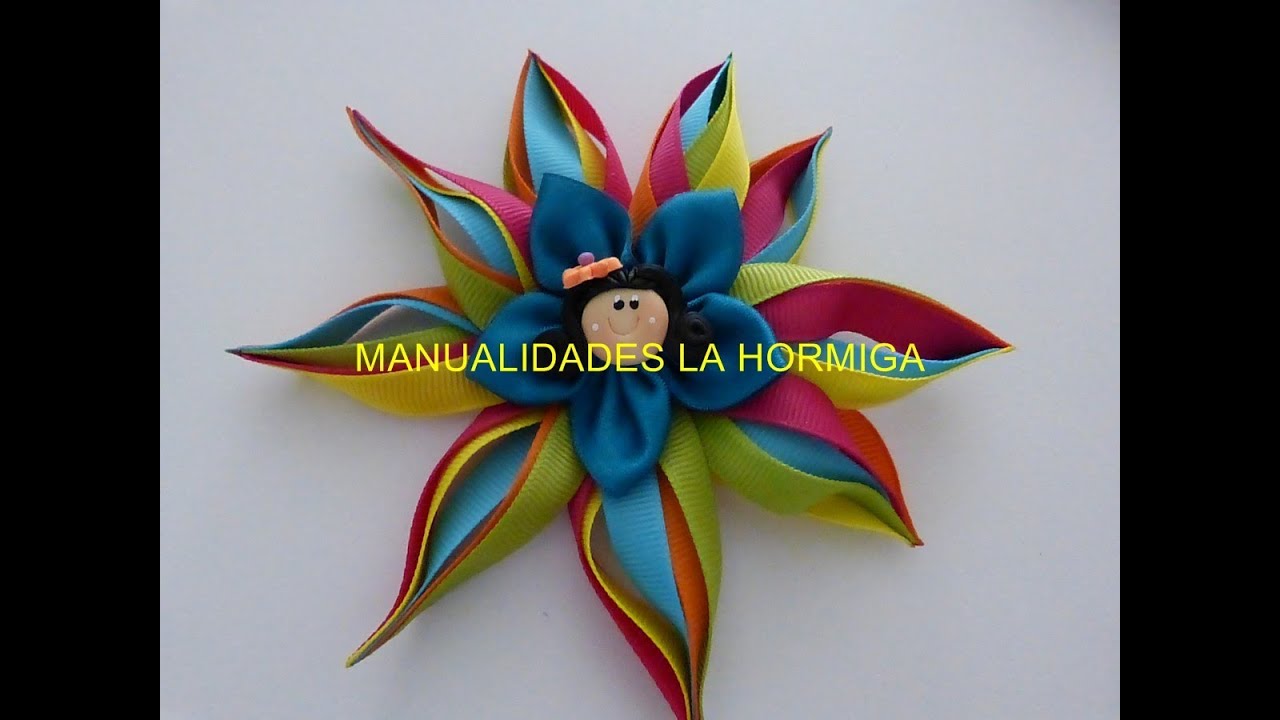 Flor de puntas Listón Gros Tutorial,Novo modelo de flor colorido ,How to make ribbon flower