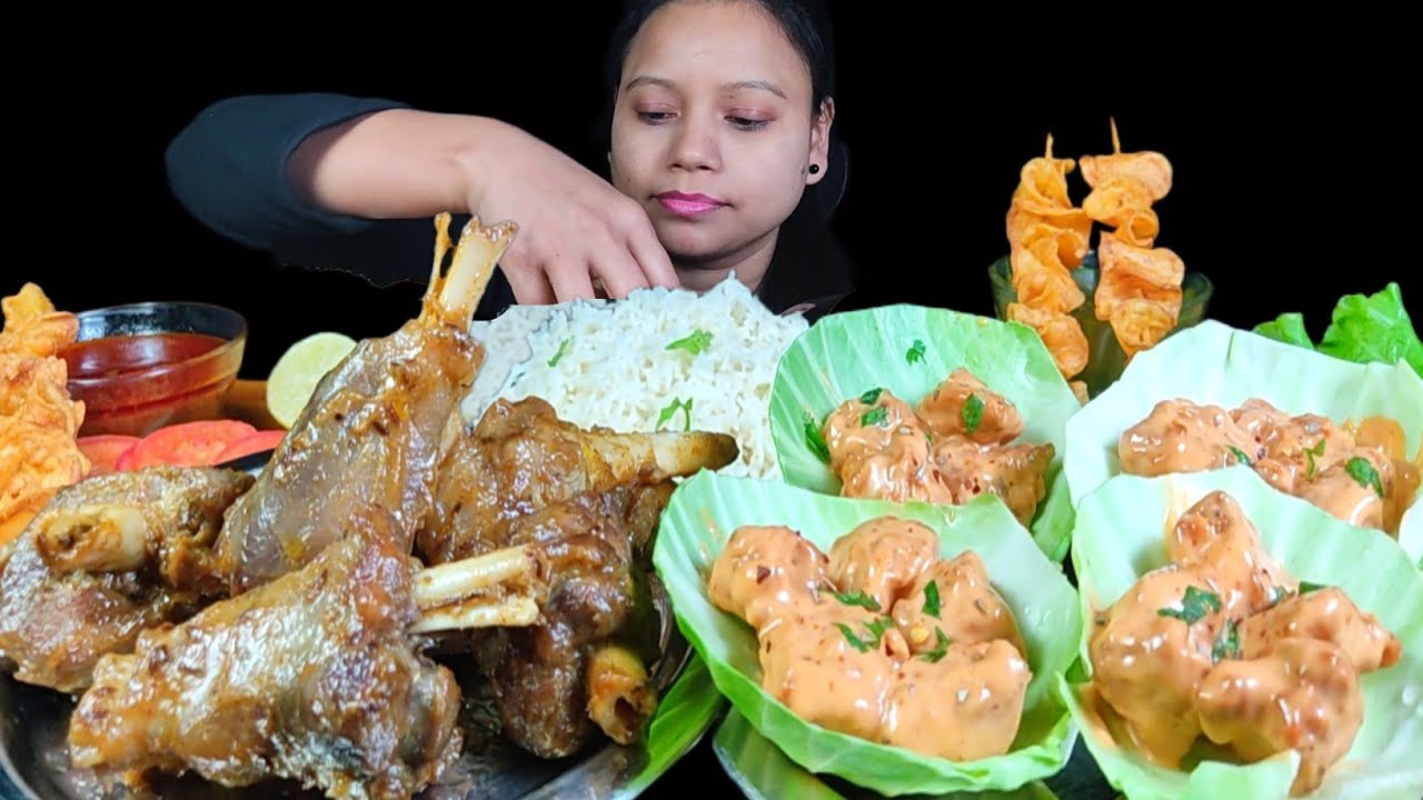 EATING CHICKEN DYNAMITE, PESHAWARI MUTTON CURRY, SPIRAL POTATO & BASMATI RICE | ASMR MUKBANG