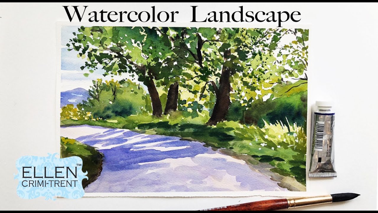 Watercolor Spring country road Landscape