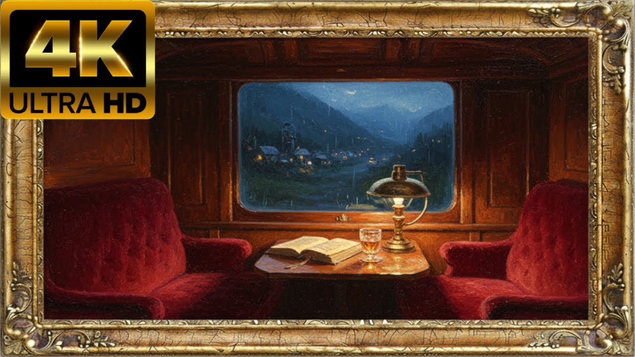 Frame | Luxury Victorian Train Dining Car 4K TV Art | Dark Academia Travel Ambience & Alpine Sunset