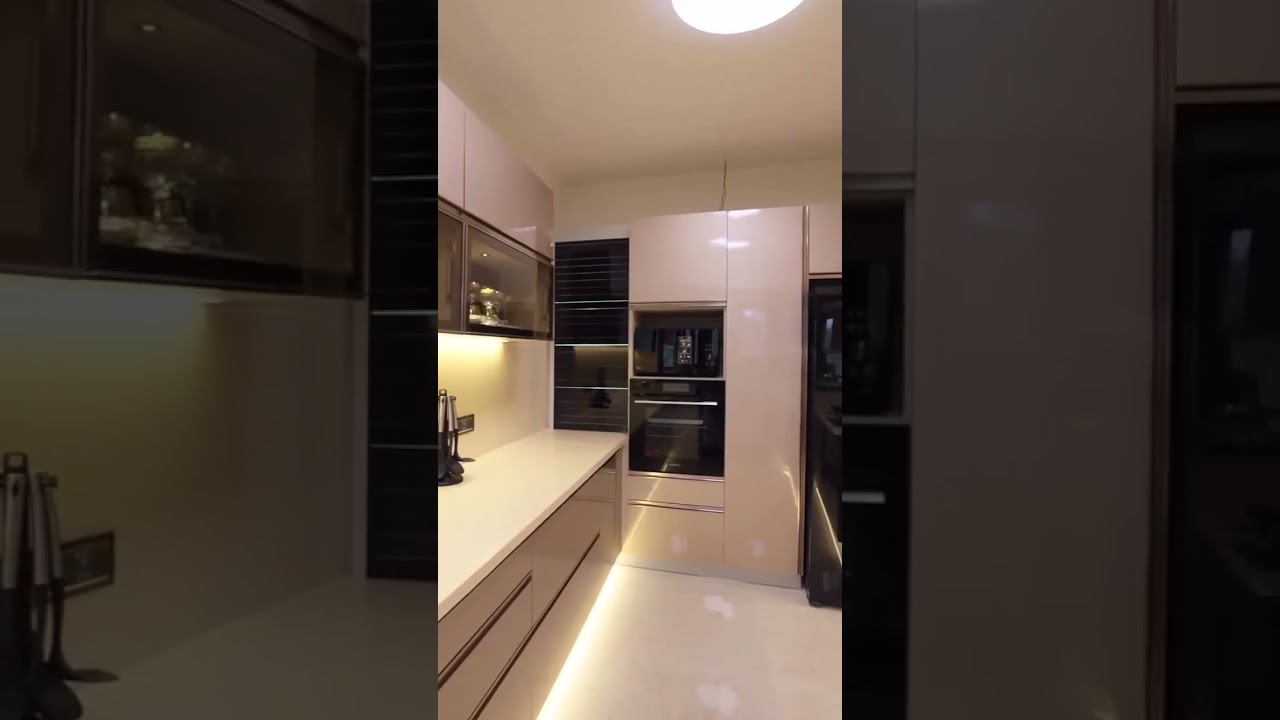 U shape Quartz stone top Beige colour kitchen interior in salem