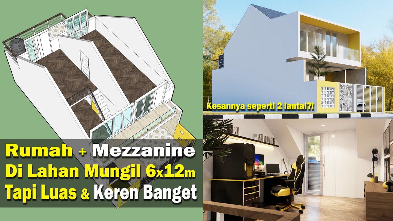 Rongga atap dijadiin mezzanine! Rumah 6x12 m ini dilengkapi 3 kamar tidur dan studio gaming