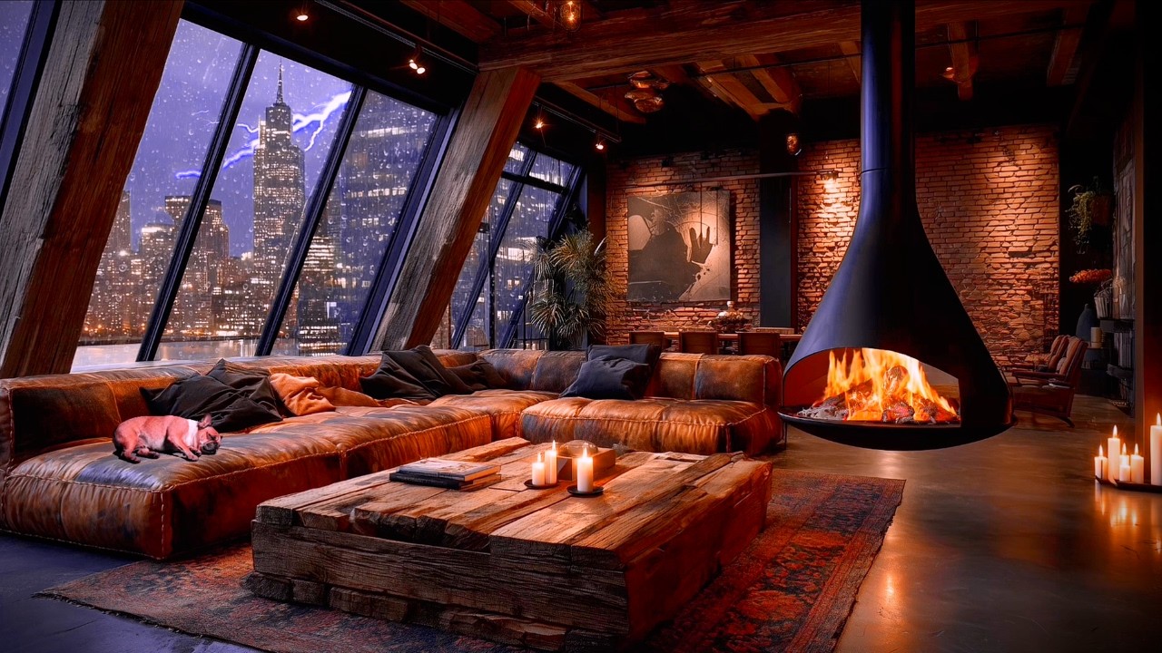Chicago Thunderstorm Sounds | Cozy Penthouse Fireplace & Rain for Sleep (4K 3 Hours)